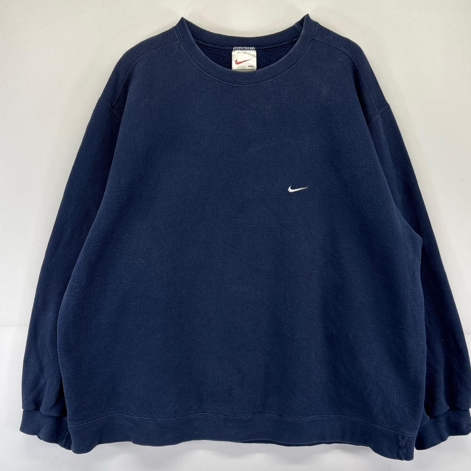 古着 90's/90年代 ナイキ NIKE USA製 スウェット スウッシュ クルーネック ワンポイントロゴ刺繍 大きいサイズ 2XL ネイビー系 メンズ