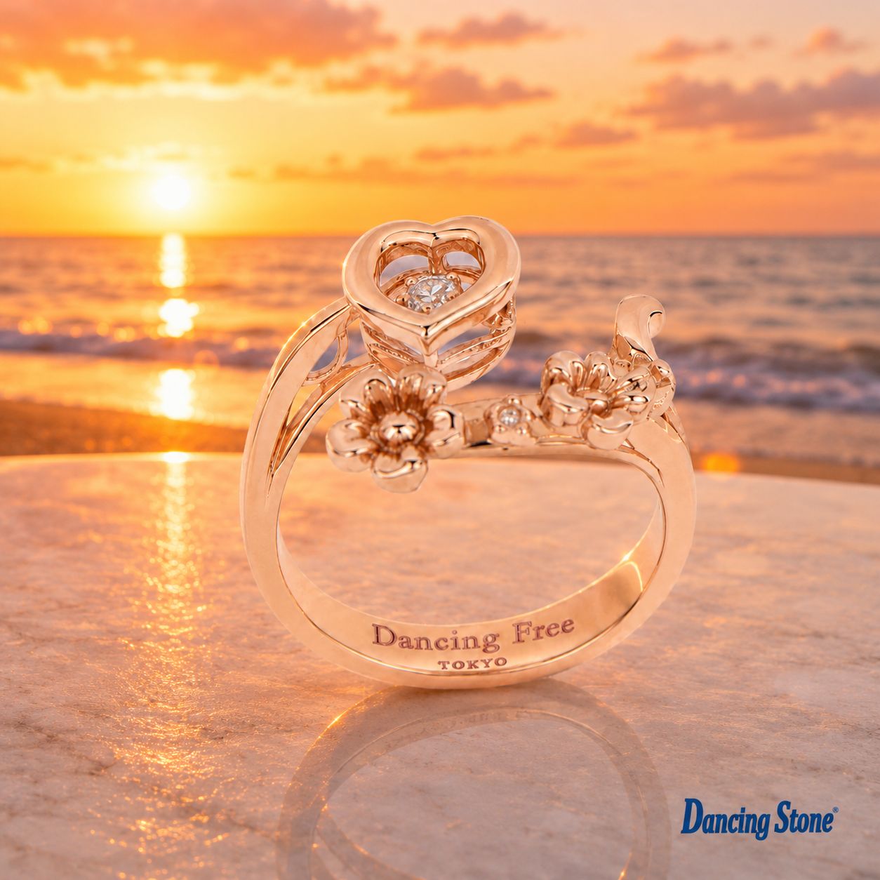 Dancing Free Heart & Flower フリーサイズ リング 指輪 揺れるストーン ハート 花モチーフ 金属アレルギーに配慮 ギフト