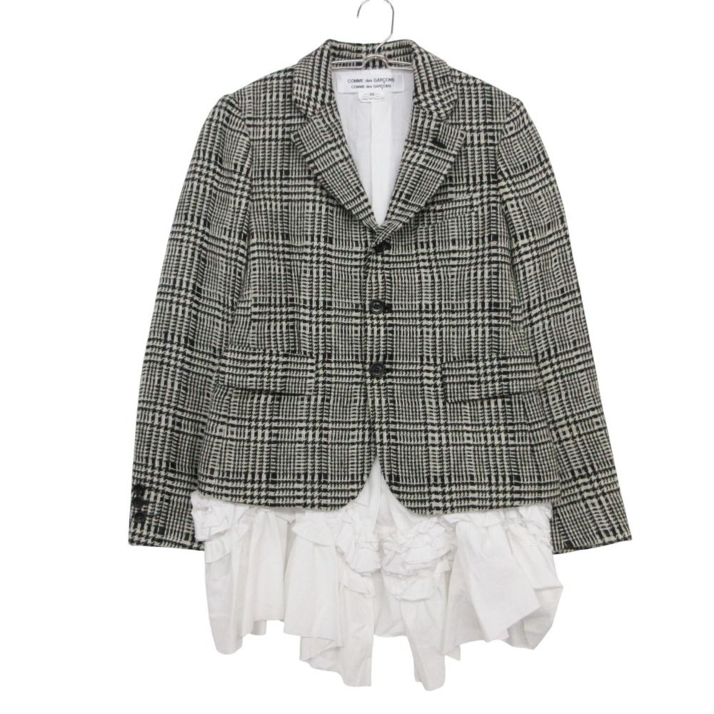 COMME des GARCONS コムデギャルソン テーラードジャケット コムコム チェック柄 フリルレイヤード アウター ブラック×ホワイト XS レディース 【中古】