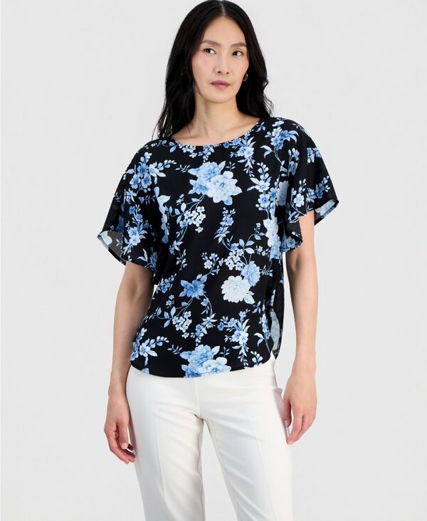 アンクライン レディース トップス シャツ ブラウス Anne Klein Womens BoatNeck FlutterSleeve Blouse Anne Black Multi ブラック