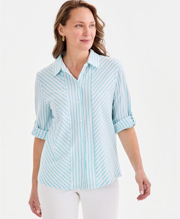 スタイルアンドコー レディース トップス シャツ ニット Style Co Womenstriped Knit ButtonFront Shirt Soft Blue Turquoise ブルー