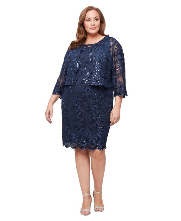 アレックスイブニングス レディース アウター ジャケット・ブルゾン レース Alex Evenings Womens Glitter Lace Jacket Dress 2Piece Set Navy