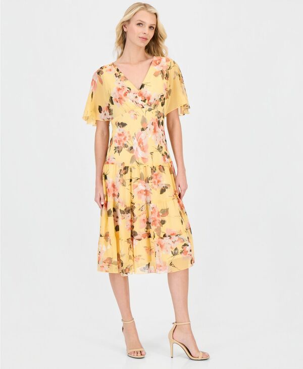 コネクテッド レディース トップス ワンピース シフォン フラワー柄 フラワー Connected Womens Floral Chiffon ButterflySleeve Dress YEL