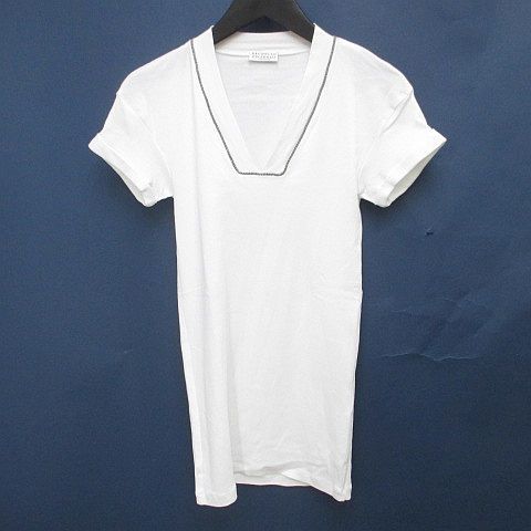 ブルネロクチネリ BRUNELLO CUCINELLI 半袖 Tシャツ カットソー モニーレ装飾 Vネック S 白系 ホワイト イタリア製 ストレッチ ロールアップ 無地