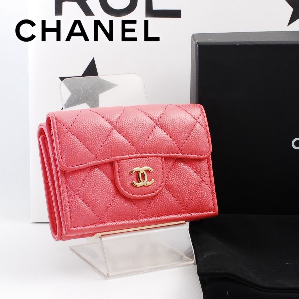美品 正規品 シャネル CHANEL マトラッセ キャビアスキン 三つ折り財布 スモールフラップウォレット ミニ財布 コンパクト ココマーク ゴールド 金具 ピンク レザー レディース 本革 箱 保存袋 AP0230