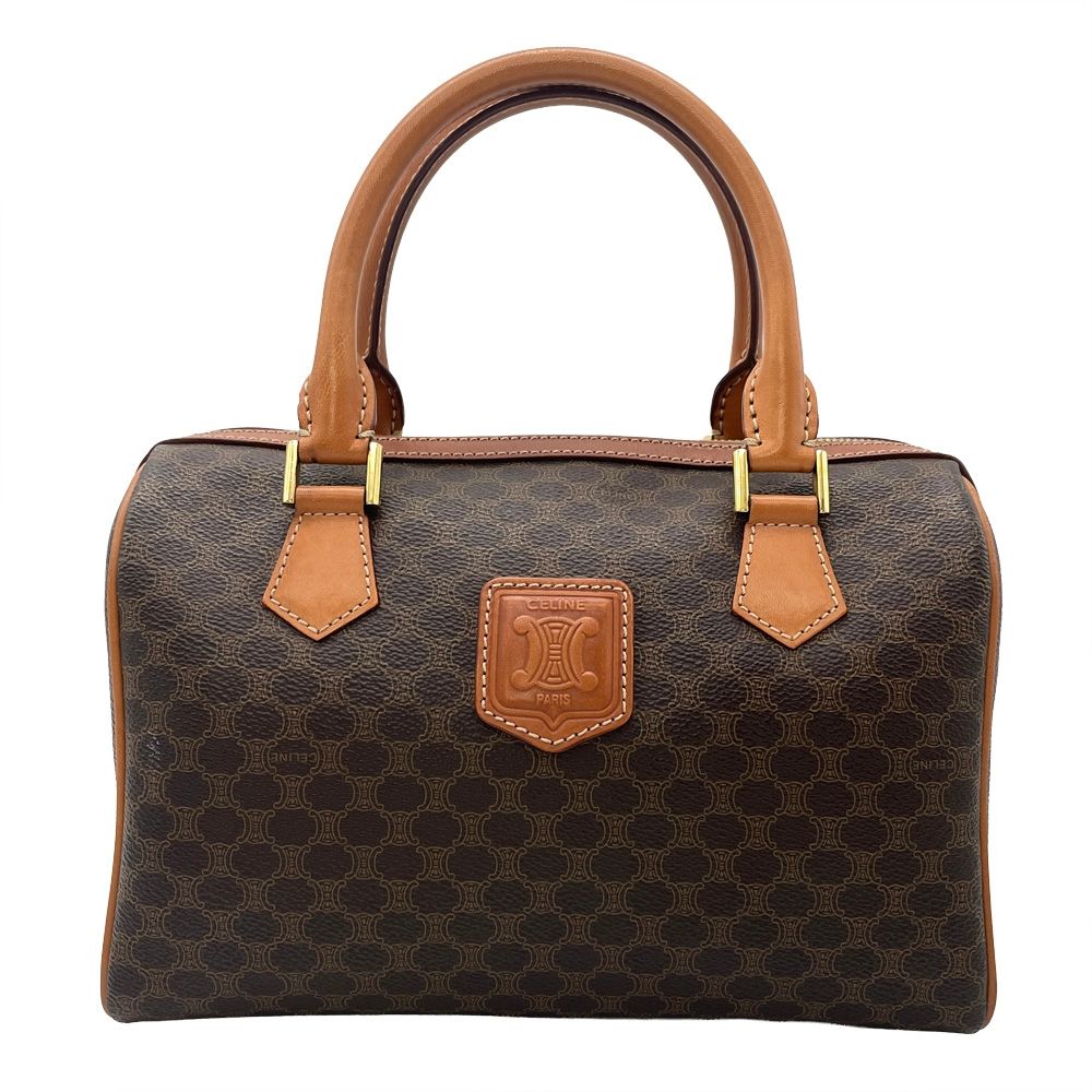 セリーヌ CELINE マカダム ミニボストン ハンドバッグ 2WAY PVCコーティングキャンバス レザー ブラウン ショルダー MC98/1【中古】