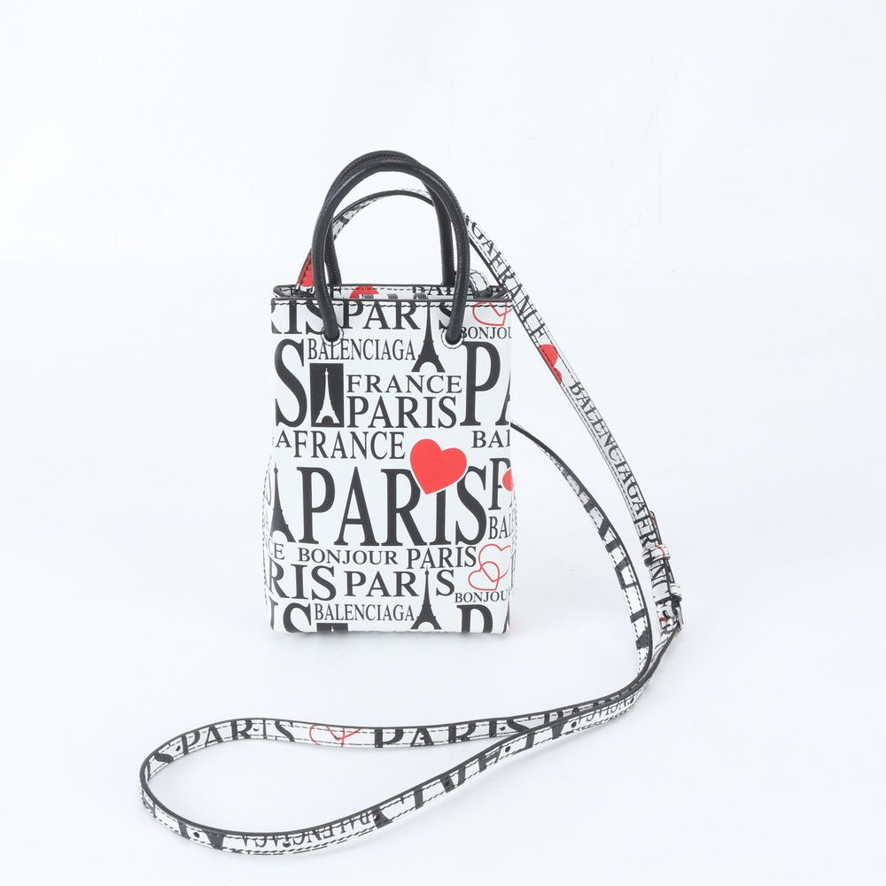極美品 バレンシアガ ボンジュールパリ ショッピング フォンホルダー レザー 2WAY ショルダーバッグ 斜め掛け レディース RGE EA25-1【中古】