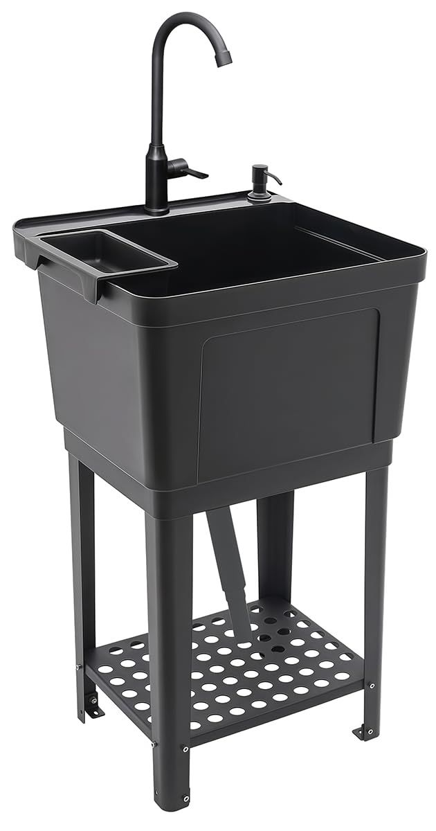 SIRUNLY ガーデンシンク 屋外 流し台 深型シンク 幅50×奥行48×高さ30cm 収納棚付き ステンレス製蛇口 給水・排水ホース付き 簡易流し台 洗い場 ペット洗い対応 屋外作業 BBQ 工場 庭先 家庭菜園 組立簡単 ブラック