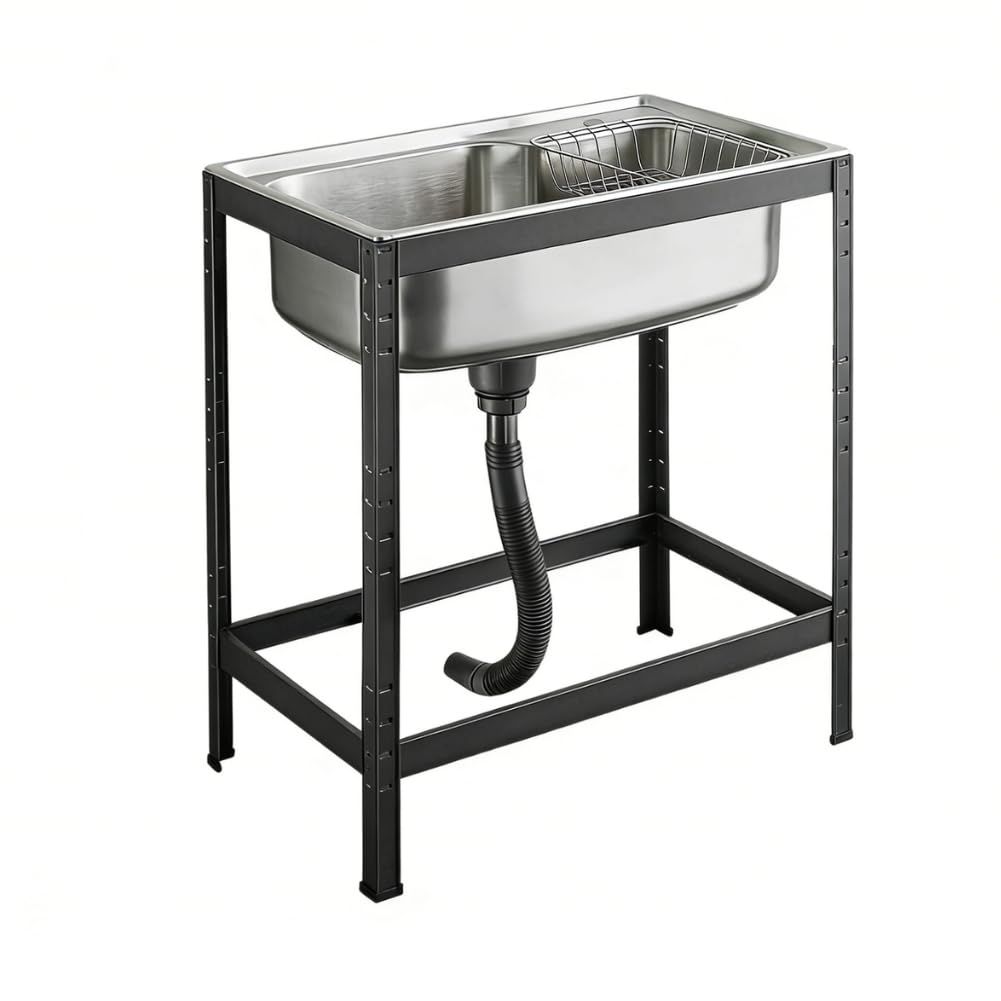 MISHIP ガーデンシンク ステンレスシンク 【水道工事推奨】屋外 工具不要 - 長さ54×幅40×高さ75cm キッチン用流し台 ステンレス製 高さ調節可能 錆びにくい ゴミ受け 屋外作業 簡易シンク コンパクト