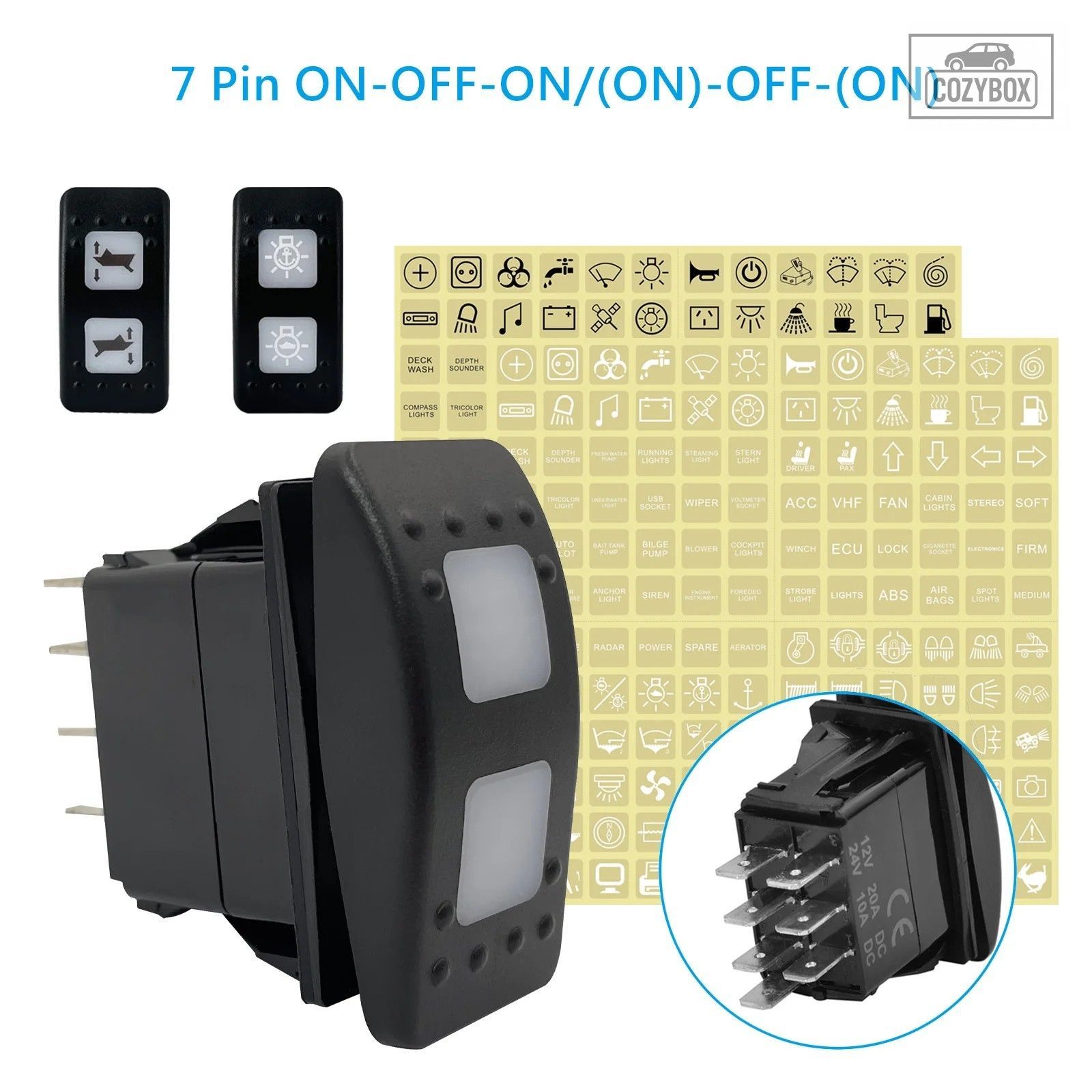 デュアルレンズ 7ピン ON-OFF-ON DPDT 3ウェイ ラッチング/モーメンタリー ロッカー