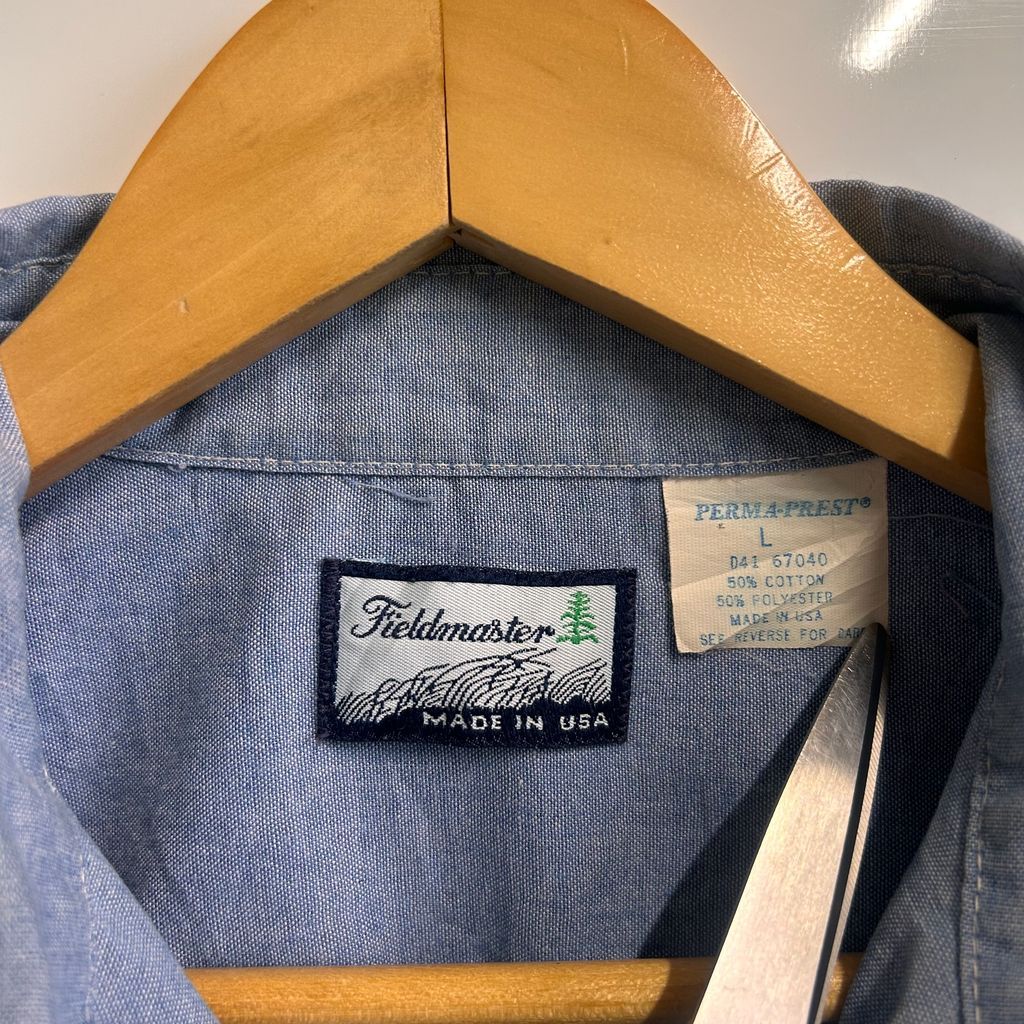 80s~ USA製 Field master フィールドマスター Sears シャンブレーシャツ デニムシャツ ダンガリーシャツ 青 ブルー SIZE L NO.T766 80s~ USA製 Field master フィールドマスター Sears シャンブレーシャツ デニムシャツ ダンガリーシャツ 青 ブルー SIZE L NO.T766