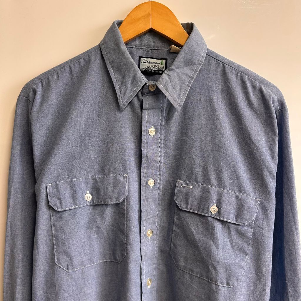 80s~ USA製 Field master フィールドマスター Sears シャンブレーシャツ デニムシャツ ダンガリーシャツ 青 ブルー SIZE L NO.T766 80s~ USA製 Field master フィールドマスター Sears シャンブレーシャツ デニムシャツ ダンガリーシャツ 青 ブルー SIZE L NO.T766