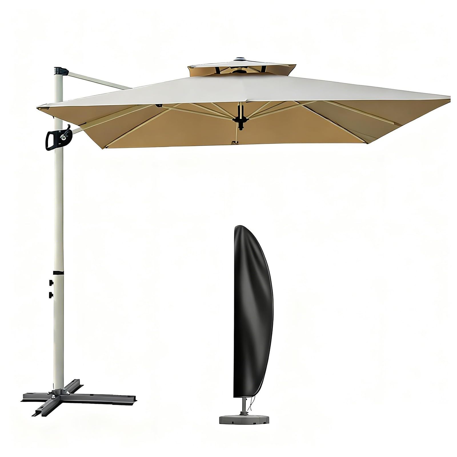 MAYAMI-Home ガーデンパラソル 大型 220/250cm 風に強い 長方形 ハンギングパラソル 二層通気 防風 UVカット 撥水 角度調整 360°回転 パラソルカバー付き ベース別売 屋外 庭 テラス カフェ用 (カーキ, 220cm)