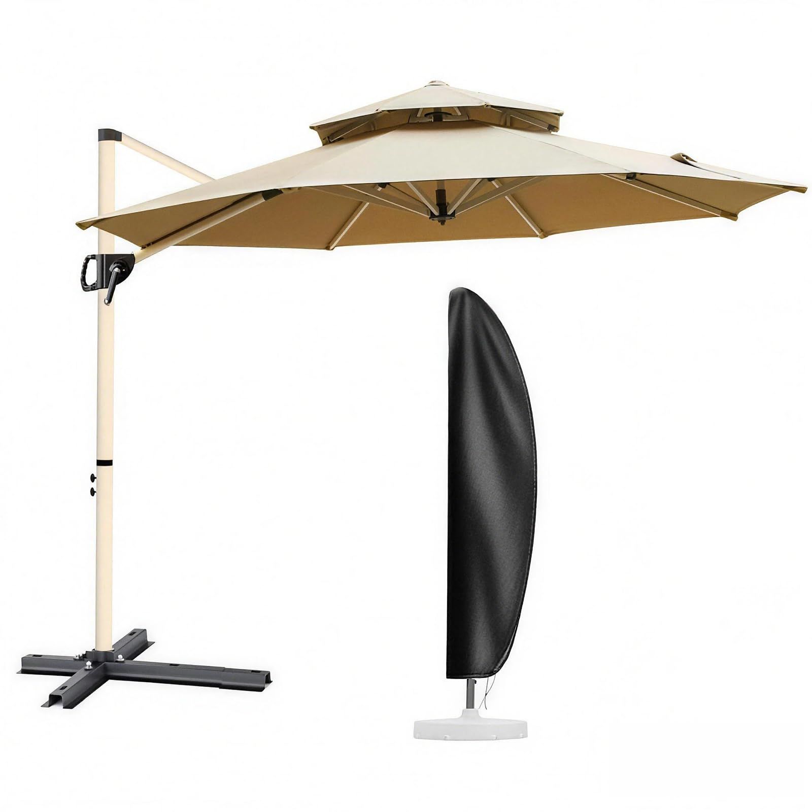 MAYAMI-Home ガーデンパラソル 大型 270cm／300cm ハンギングパラソル 二層通気 防風 UVカット 撥水 角度調整 360°回転 パラソルカバー付き ベース別売 屋外 庭 テラス カフェ用 (カーキ, 300cm)