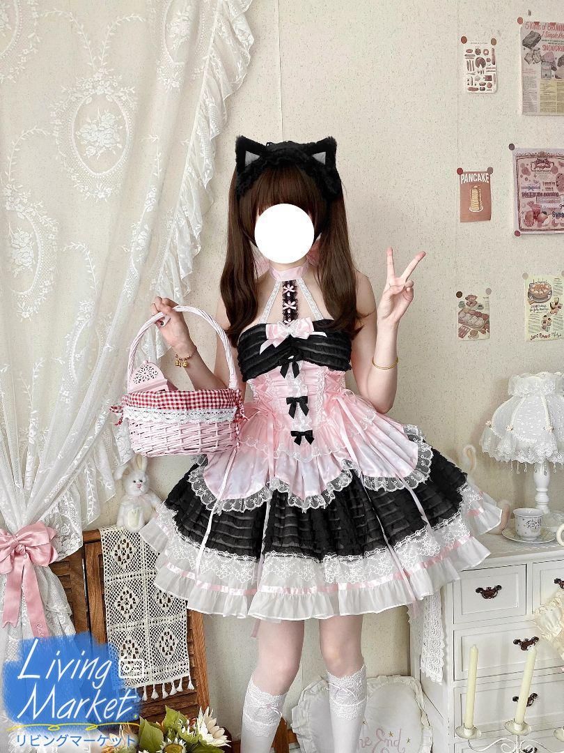 猫耳ロリータ ワンピース フリルたっぷり レースリボン 甘ロリ メイド風 バイカラー クラシカルドール 学園祭 文化祭 舞台演出 日常着CS628P084