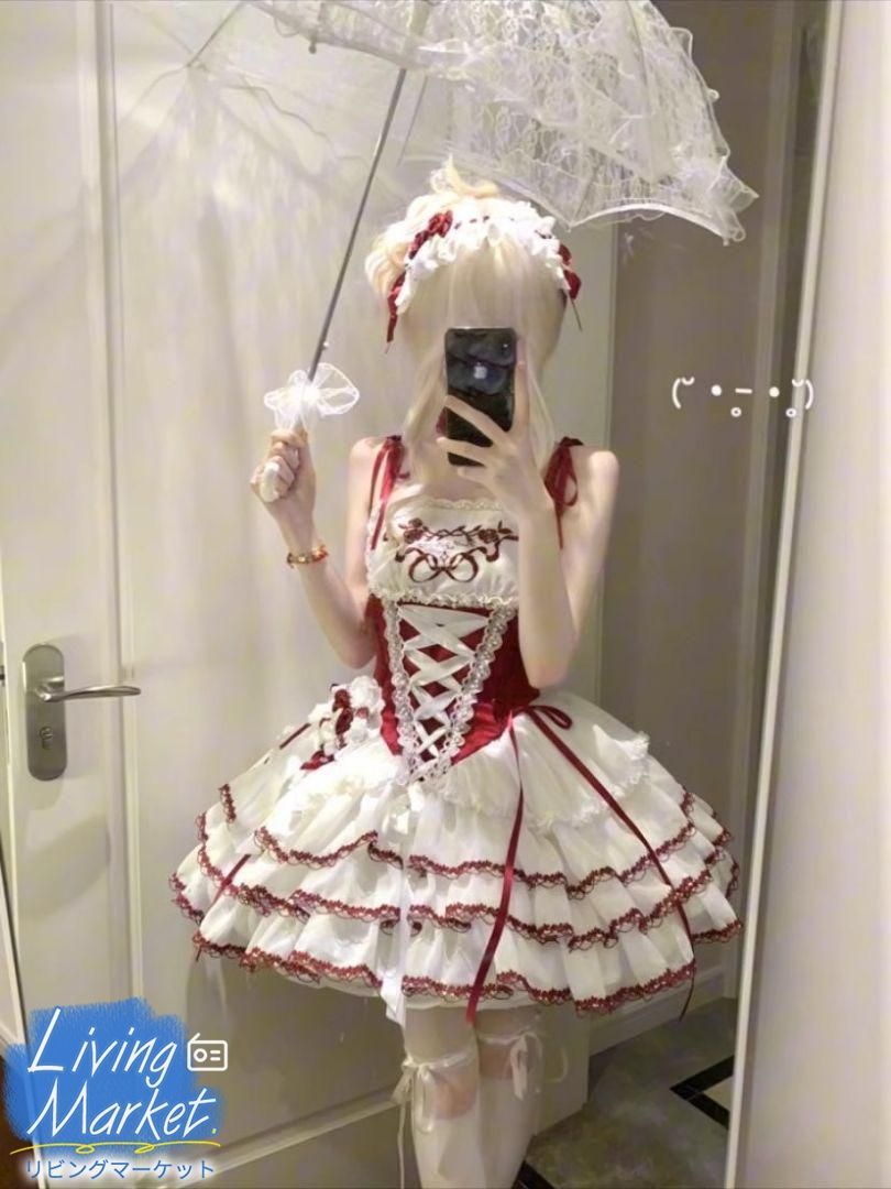 プリンセスロリータ ワンピース コルセット風デザイン フリルレース装飾 赤白クラシカル 学園祭 文化祭 舞台演出 日常着CS628P112