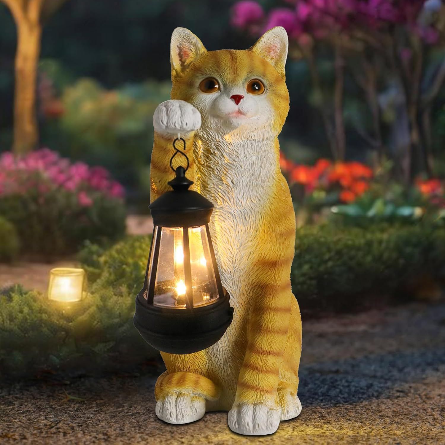 ソーラー猫ガーデン彫像 屋外猫像、パティオ、庭や芝生最適なソーラーランタンライト付きオレンジ猫フィギュア彫像 彫刻/ ガーデニング お庭 庭園 アクセント オーナメント エントランス玄関 贈り物（輸入品）