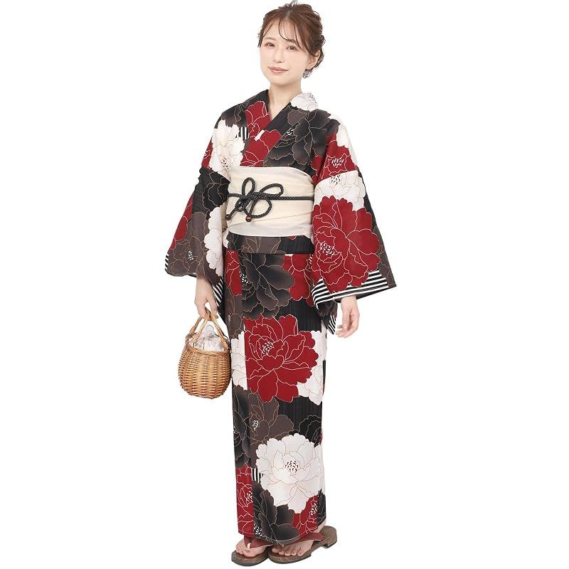 【新品】 [Fuuka] 風香 二部式 浴衣 単品 レディース セパレート フリーサイズ 牡丹 黒 X50H12