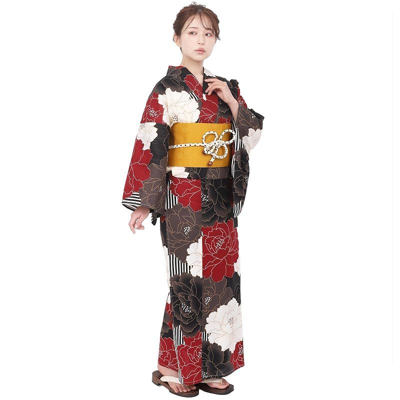 【新品】 [Fuuka] 風香 浴衣 レディース 二部式 セパレート ワンタッチ 作り帯 2点 セット フリーサイズ 牡丹 黒 (作り帯/日本製/からし)X50H1211