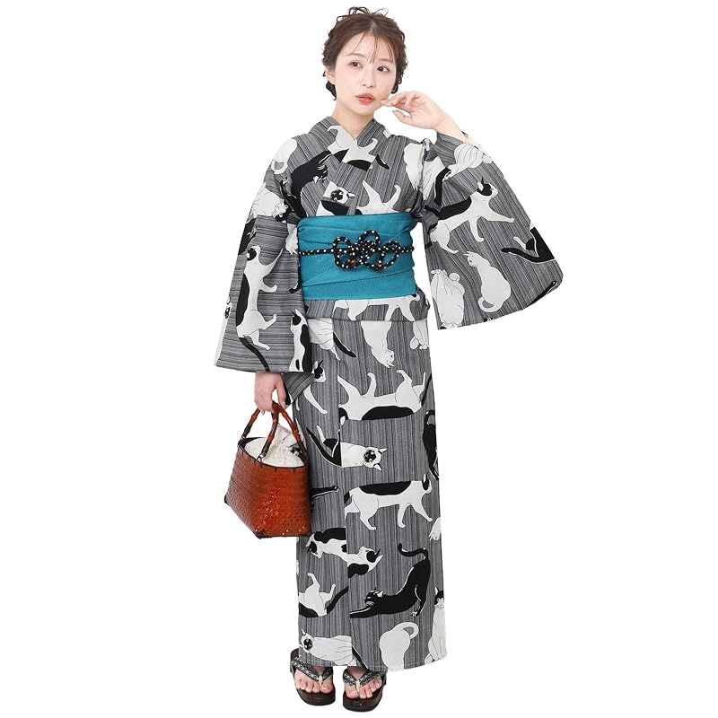 【新品】 [Fuuka] 風香 浴衣 レディース 大きいサイズ ふくよか 5Lサイズ 単品 猫(モノトーン) プラスサイズ ゆったり 高身長 花柄 夏祭り 花火大会 盆踊り 女性用 ゆかた 5L06