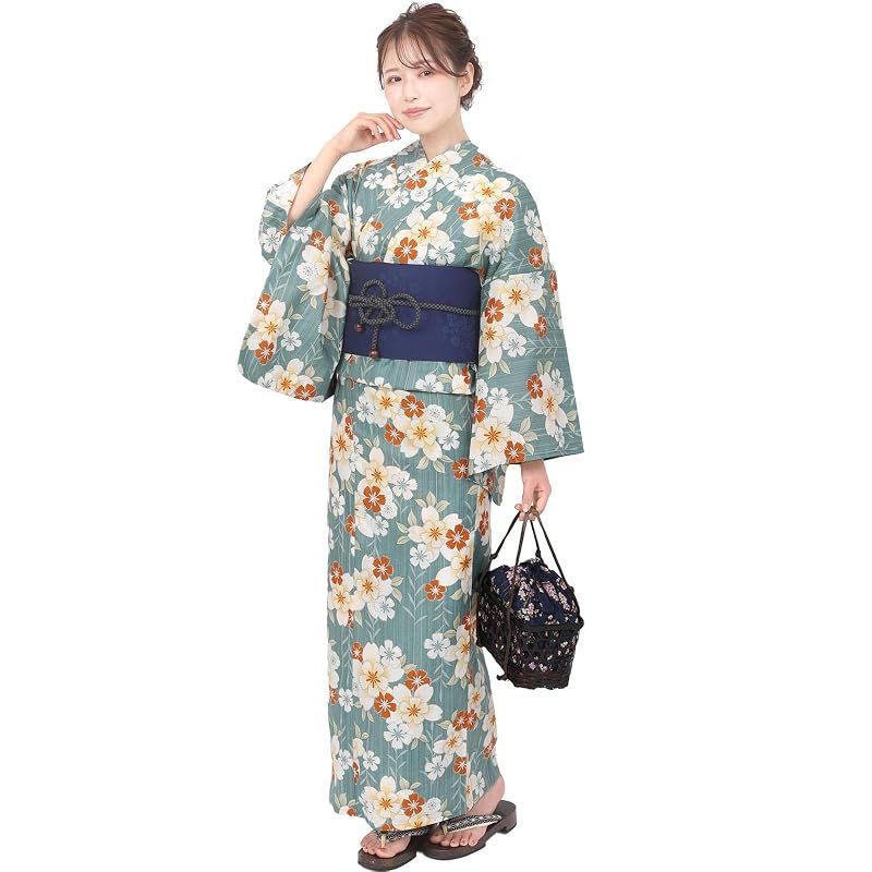 【新品】 風香 浴衣 レディース 作り帯 ワンタッチ 2点 セット フリーサイズ 撫子 青磁 (ワンタッチ作り帯/日本製/ネイビー) X501107
