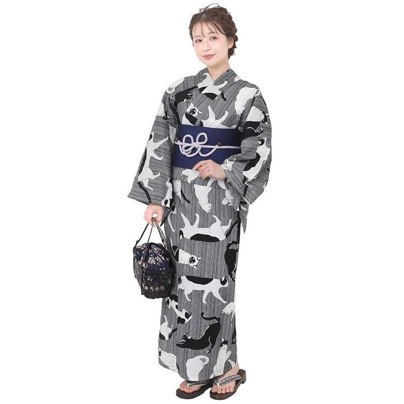 【新品】 [Fuuka] 風香 浴衣 レディース 二部式 セパレート ワンタッチ 作り帯 2点 セット フリーサイズ 猫 モノトーン (作り帯/日本製/ネイビー)X50H0307