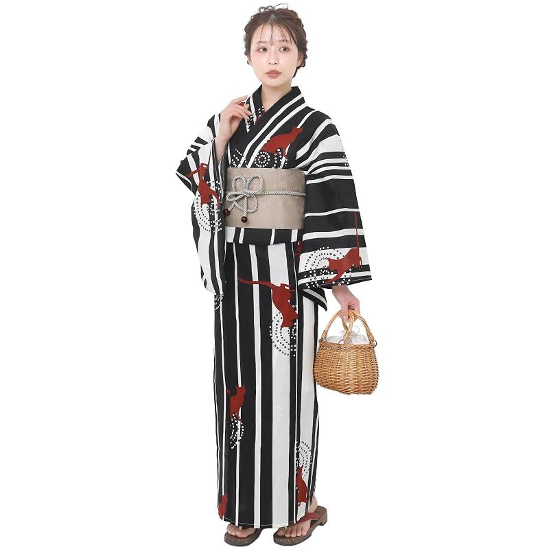 【新品】 風香 浴衣 レディース 二部式 セパレート ワンタッチ 作り帯 2点 セット フリーサイズ 猫 白黒 (作り帯/日本製/ベージュ)X50H0908