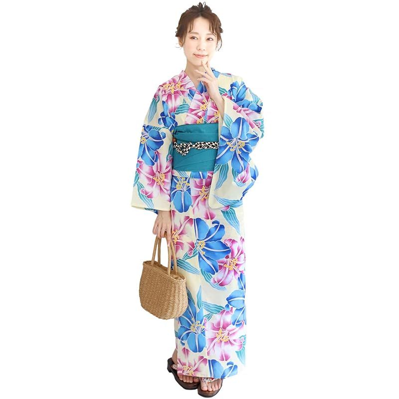 【新品】 [Fuuka] 浴衣 レディース セット 2点 大人 フリーサイズ 百合 (青) x 兵児帯 (日本製/ターコイズ)