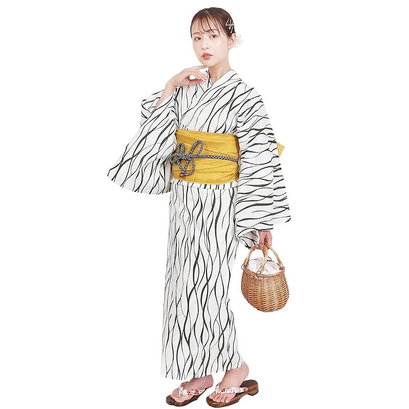 【新品】 [Fuuka] 風香 浴衣 3Lサイズ レディース 兵児帯 2点セット 大きいサイズ たてわく 白深緑 (兵児帯/日本製/山吹色) X4014A-3LB152