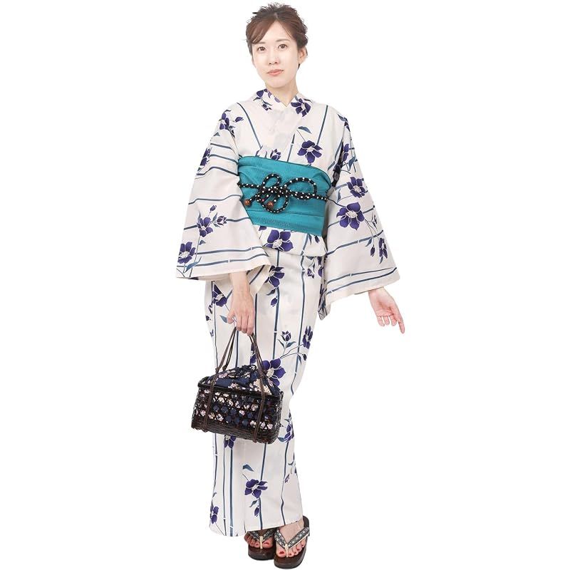 【新品】 [Fuuka] 風香 浴衣 2点 セット レディース フリーサイズ 椿 白 (兵児帯/日本製/ターコイズ)X4001BB167