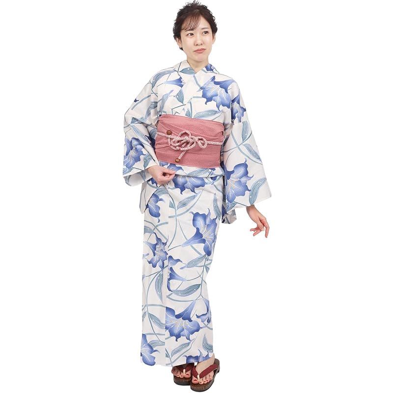 【新品】 [Fuuka] 風香 浴衣 2点 セット レディース フリーサイズ 百合 青 (兵児帯/日本製/コーラル)X4008BB232
