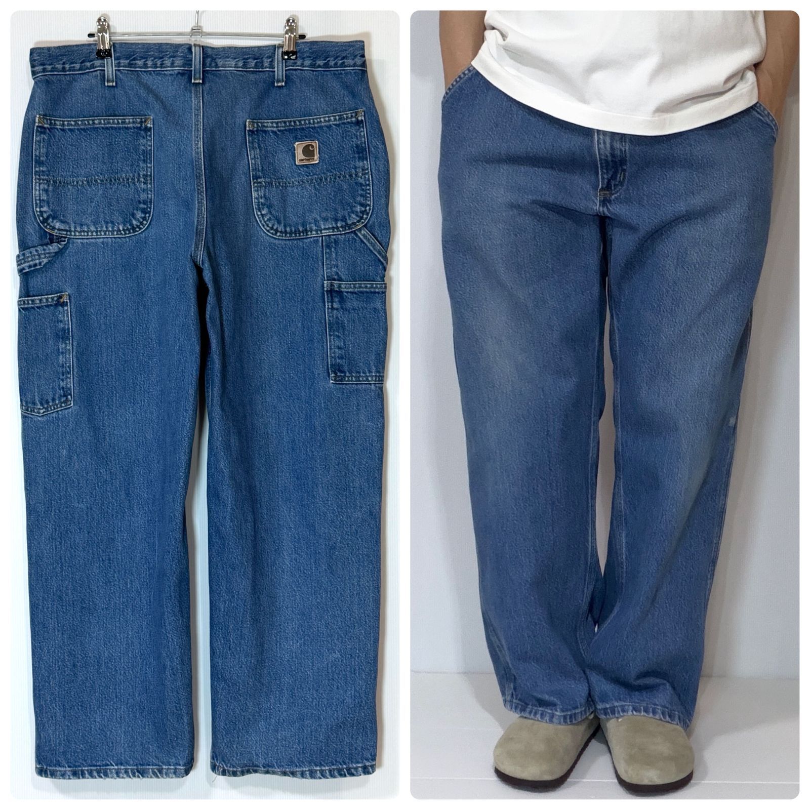 00s 極太 良色 Carhartt カーハート シングルニー デニムペインターパンツ B137 DST Dungaree Fit W38L30 ダークストーンウォッシュ ジーンズ 厚手 ヘビーウェイト 美フェード ワイドバギー US企画 p26053622