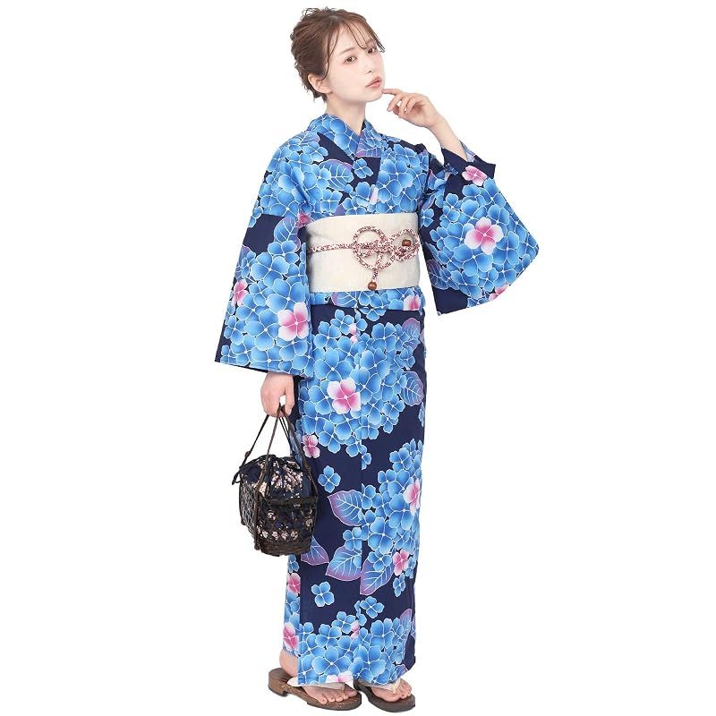 【新品】 風香 浴衣 レディース 作り帯 ワンタッチ 2点 セット フリーサイズ あじさい 紺 (ワンタッチ作り帯/日本製/白クリーム) X330905