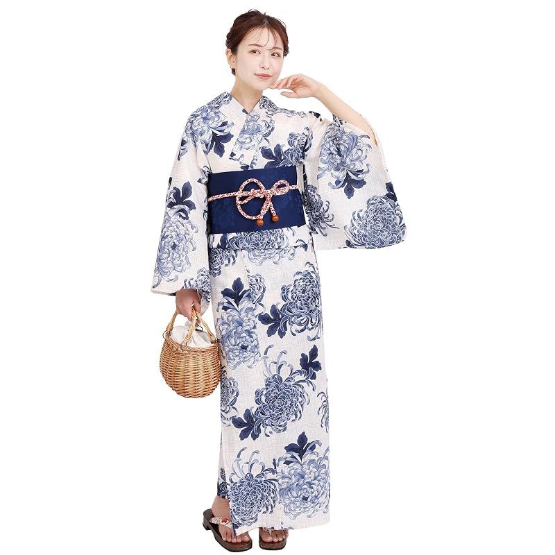 【新品】 [Fuuka] 風香 浴衣 作り帯 ワンタッチ 2点 セット レディース フリーサイズ 乱菊 青 クリーム (ワンタッチ作り帯/日本製/ネイビー) X141707