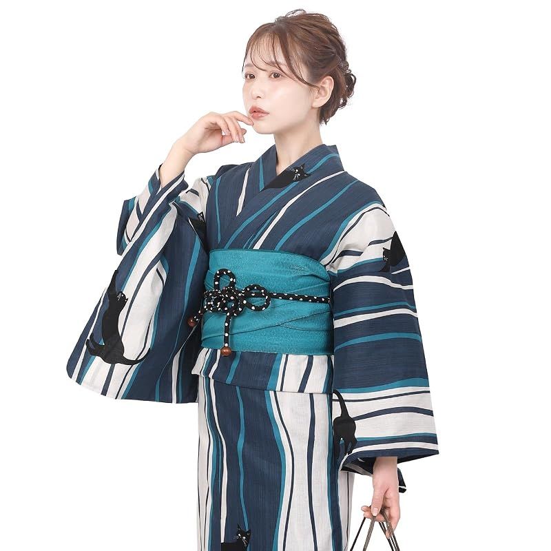 【新品】 [Fuuka] 風香 浴衣 レディース 二部式 兵児帯 2点セット セパレート フリーサイズ 猫縞 ターコイズ (兵児帯/日本製/ターコイズ)X50H04B167