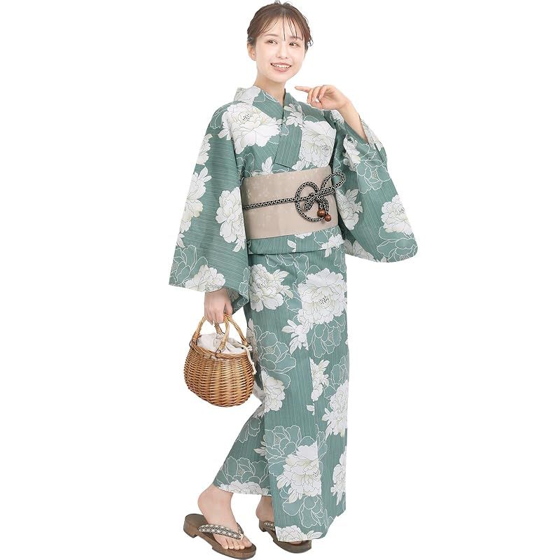 【新品】 [Fuuka] 風香 浴衣 レディース 二部式 セパレート ワンタッチ 作り帯 2点 セット フリーサイズ 牡丹 ブルーグリーン (作り帯/日本製/ベージュ)X50H1008