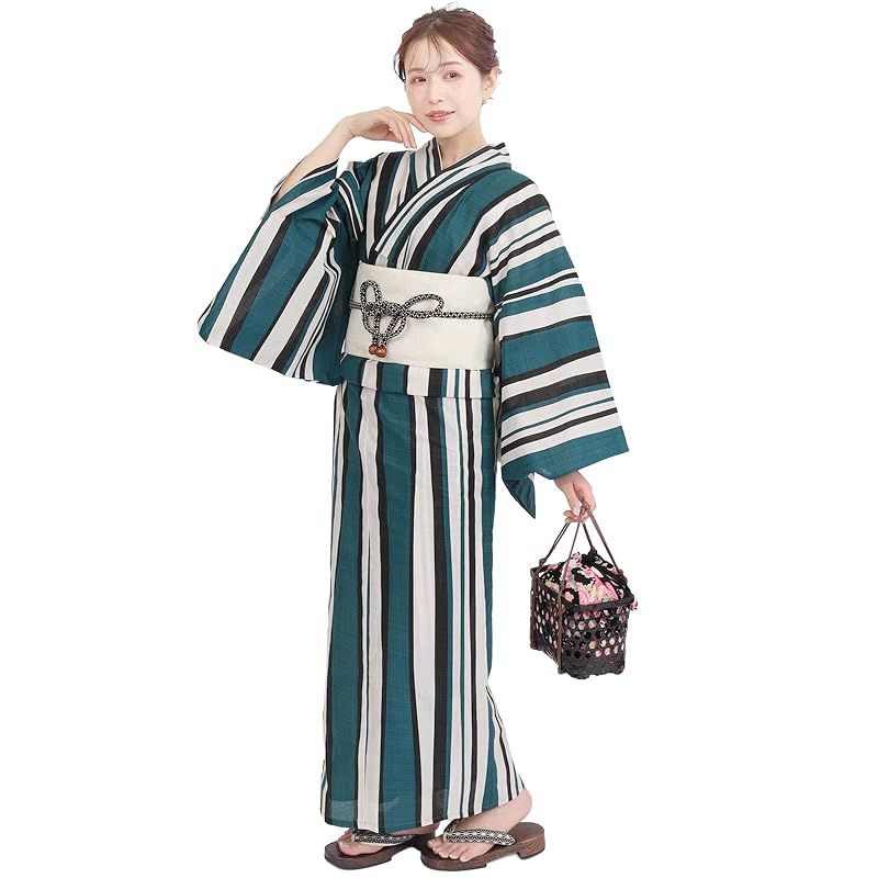 【新品】 風香 浴衣 レディース 作り帯 ワンタッチ 2点 セット フリーサイズ 縞 青緑 (ワンタッチ作り帯/日本製/白クリーム) X500205