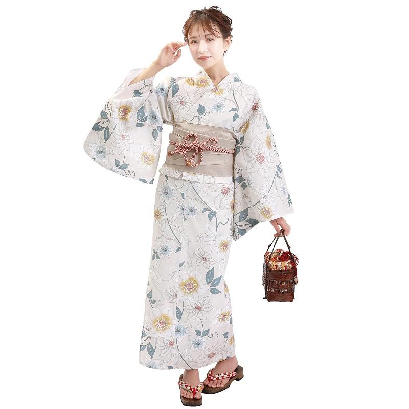 【新品】 [Fuuka] 浴衣 2点 セット レディース フリーサイズ クレマチス ライトベージュ (兵児帯/日本製/サンドベージュ)X1423B235