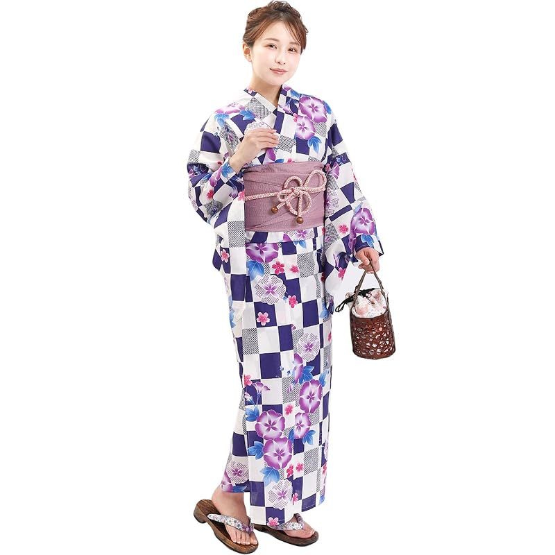 【新品】 [Fuuka] 浴衣 2点 セット レディース フリーサイズ 朝顔 紫 (兵児帯/日本製/藤色)X0409AB255