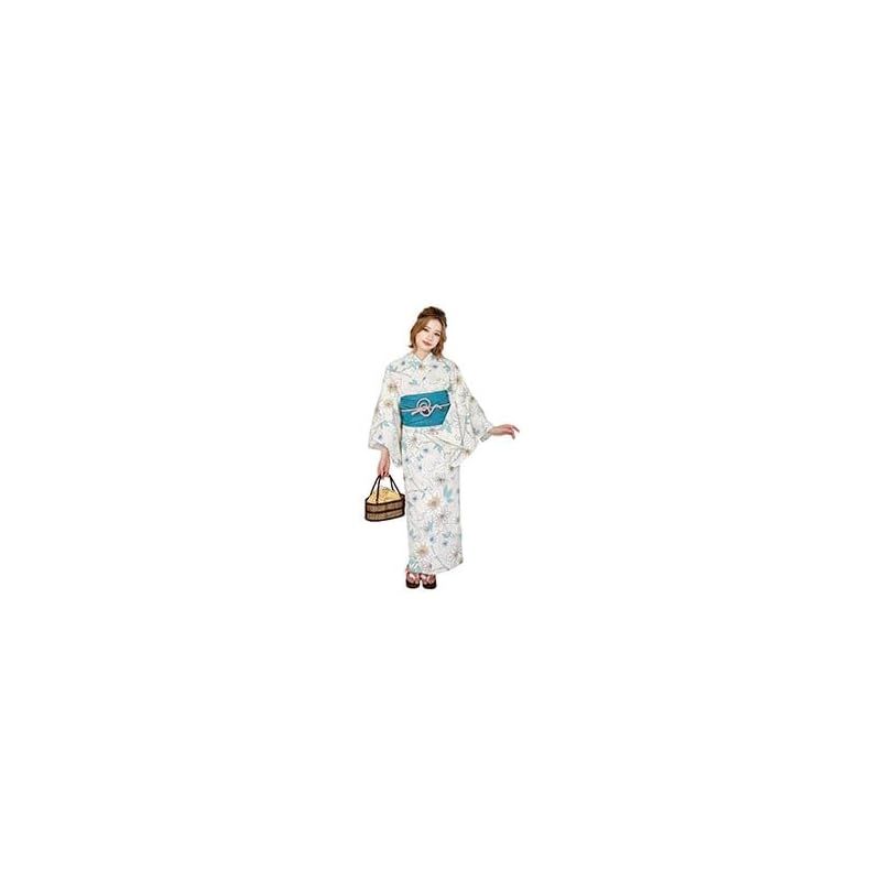 【新品】 [Fuuka] 浴衣 レディース セット 2点 セパレート 二部式 大人 フリーサイズ クレマチス テッセン (ベージュ 白) x 兵児帯 (日本製/ターコイズ)
