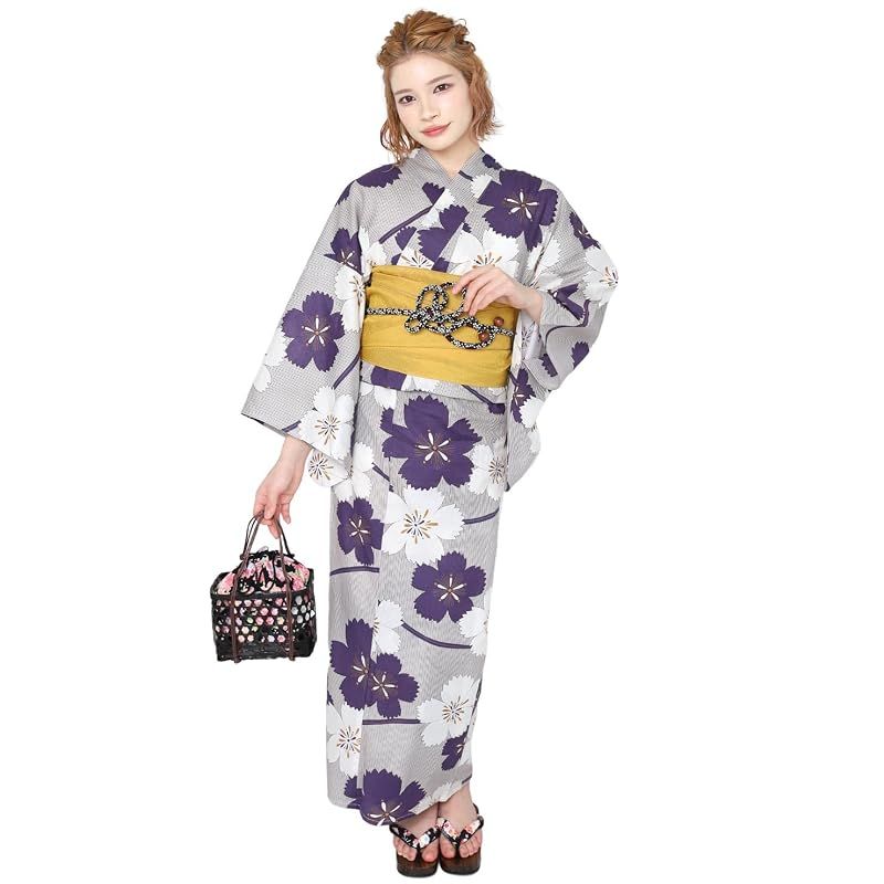 【新品】 [Fuuka] 浴衣 レディース セット 2点 大人 フリーサイズ 撫子 (紫 白) x 兵児帯 (日本製/山吹色)