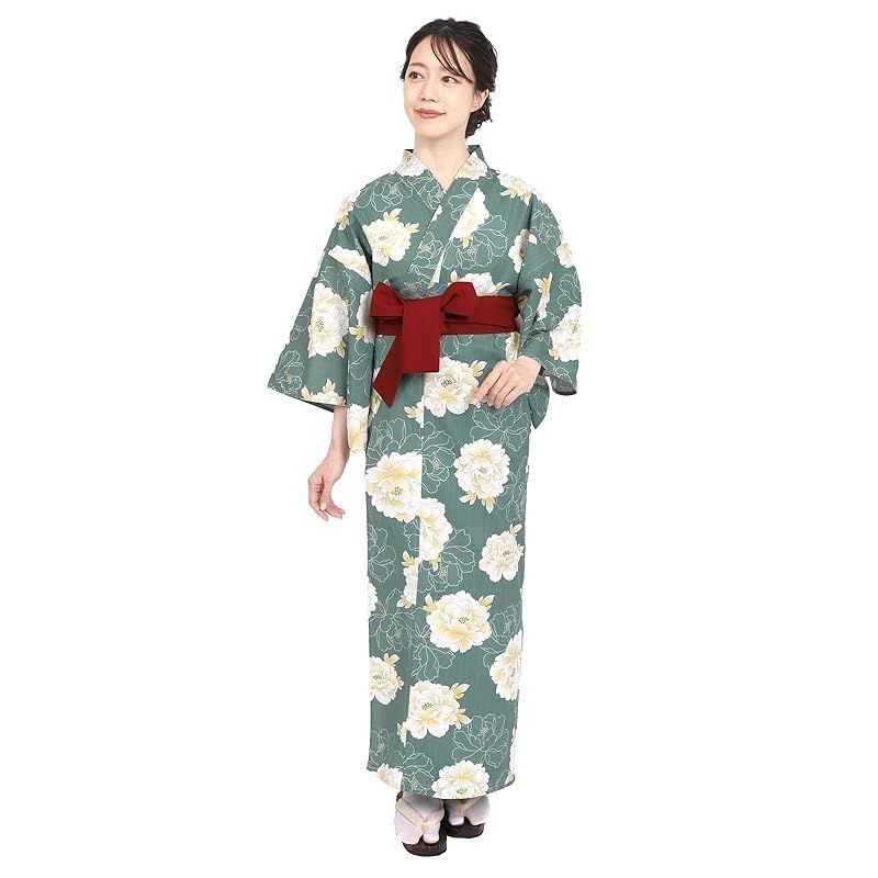 【新品】 [Fuuka] 旅館浴衣 帯 2点セット リネン浴衣 レディース 大きいサイズ 業務用 寝巻き 温泉浴衣 おしゃれ 色みやび 帯付き （牡丹の詩/エンジ）LLサイズ