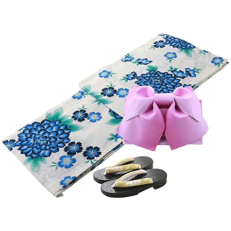 【新品】 [SAKIKU-EN] すぐに着られる！レディース ゆかた お得で便利な3点セット コサージュプレゼント 変わり織 浴衣 帯 下駄 福袋 浴衣福袋 夏祭り 花火大会 (Fクリーム色に青の菊, フリーサイズ)