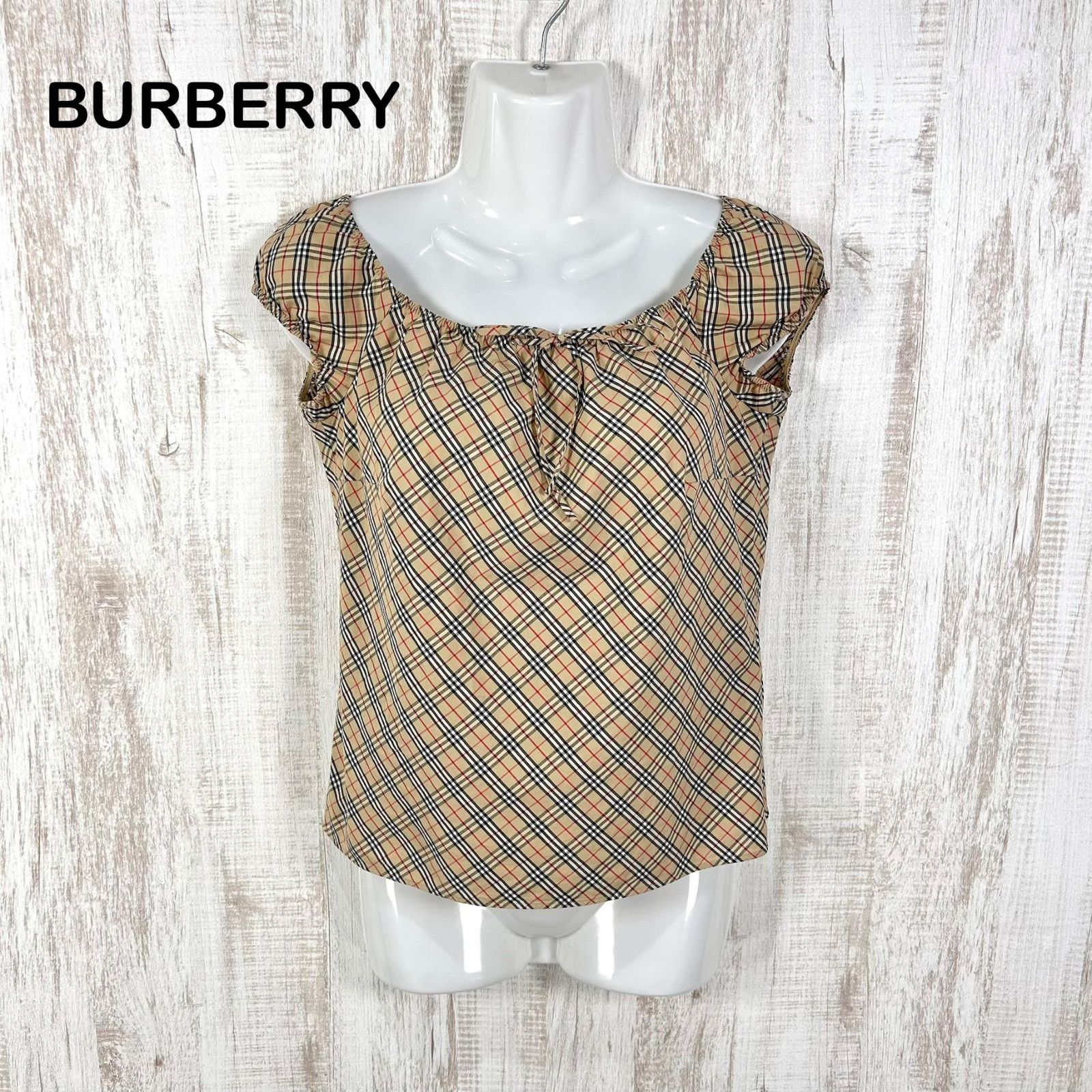 00s BURBERRY BLUE LABEL バーバリーブルーレーベル リボン ノバチェック プルオーバーブラウス ベージュ y2k