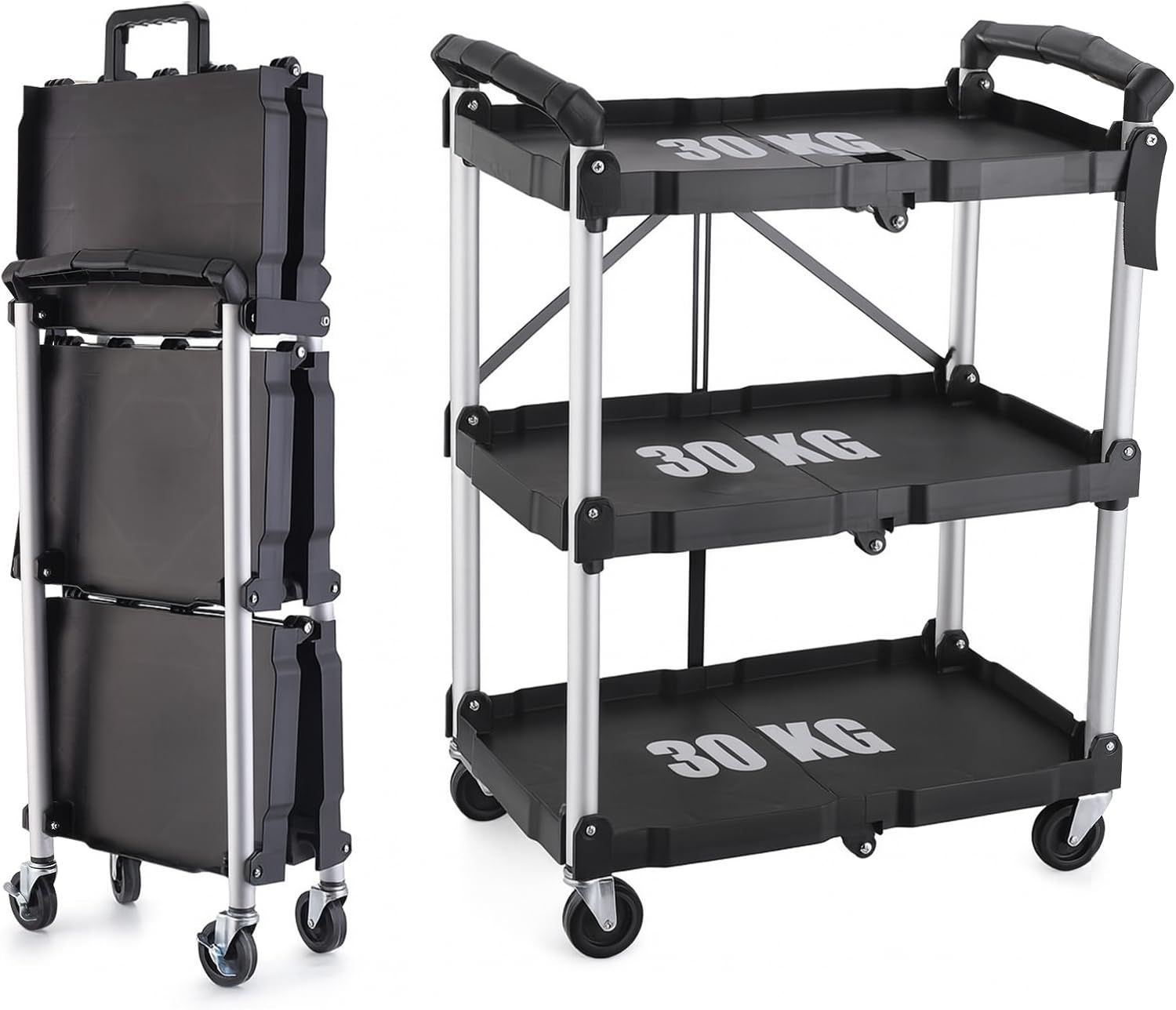 ツールワゴン キャスター付き 3段 折りたたみ 総耐荷重90kg キャビネット ツールボックス 工具 棚 キッチンワゴン キャリーワゴン 収納 カート 配膳 作業台 撮影機材 台車 大型 ラック 掃除用 現場用 移動棚