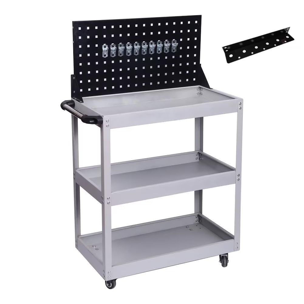 MIMIER ツールワゴン ツールカート 工具ワゴン 工具カート 3段 ドライバーホルダー キャスター付 耐荷重165KG メッシュパネル付 ハンドル付 360度回転 移動 DIY ガレージ 工具台車 工具収納 グレー
