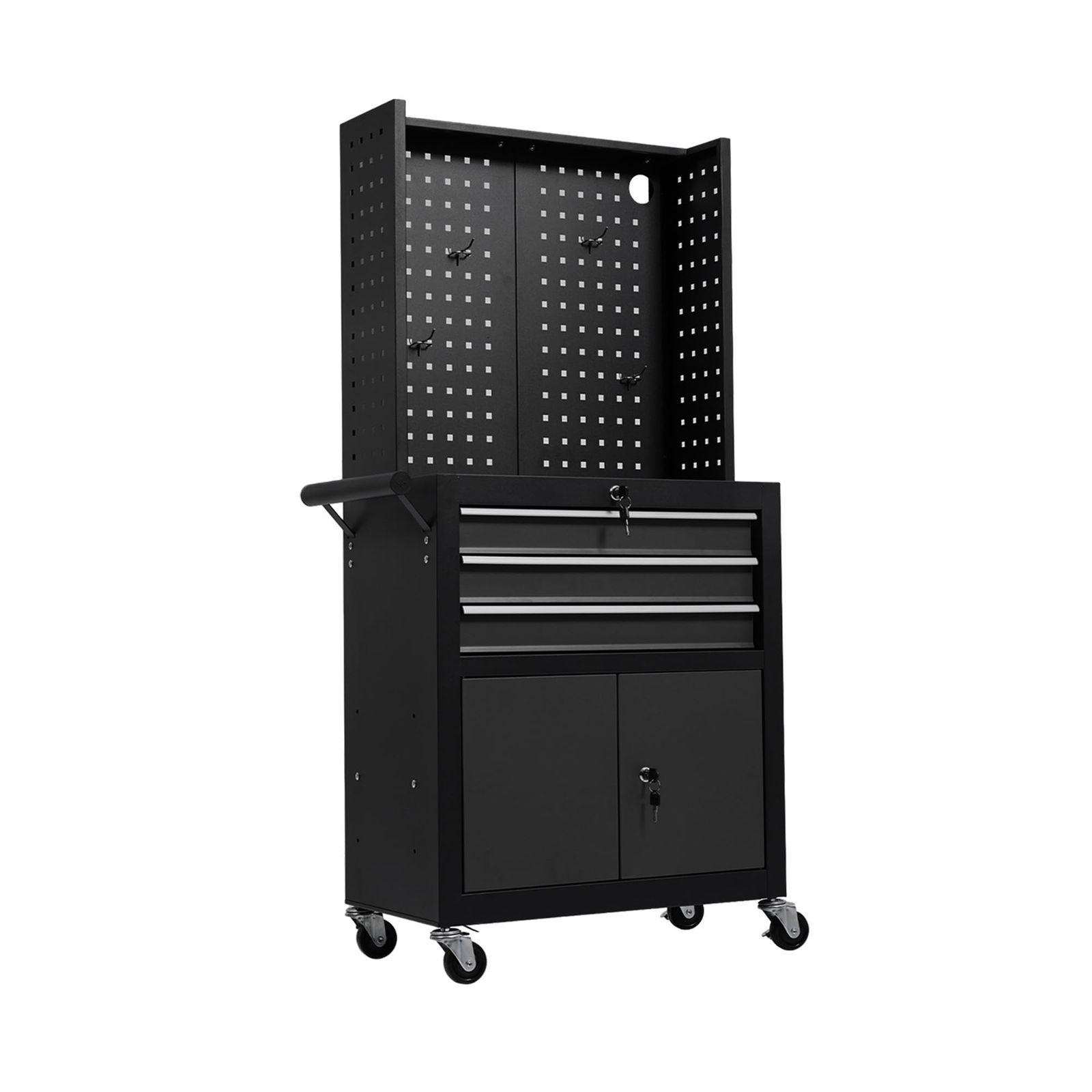 Osleep ツールキャビネット 多機能 ツールワゴン ツールカート工具カート ロールキャビネット 耐荷重50KG 引き出し 有孔ボード付き ロック付き ブラック