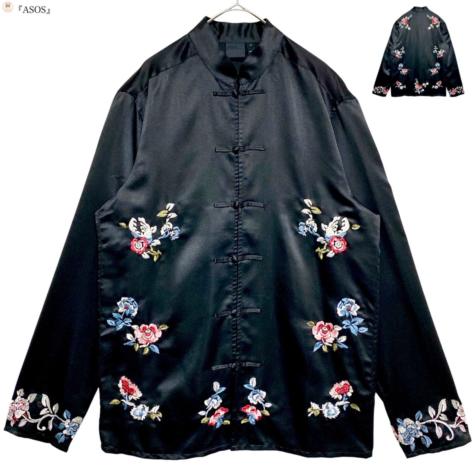 【英国人気ブランド】ASOS 花柄刺繍 チャイナジャケット セレブM ブラック 光沢 刺繍 オーバーサイズ エレガント 希少