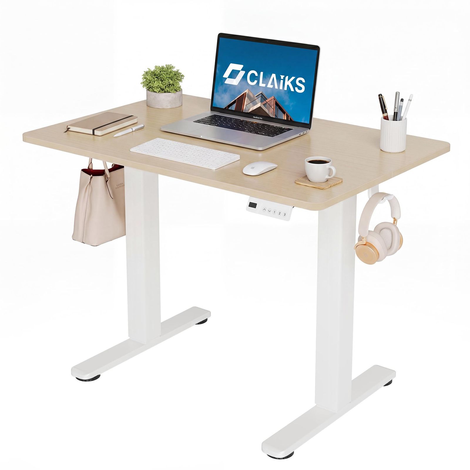 Claiks 昇降デスク 電動 スタンディングデスク 昇降式 テーブル 幅88cm*奥行き50cm テレワーク オフィスデスク 在宅ワーク パソコンデスク 高さ調節 メモリー機能 ホワイトフレーム/ナチュラル天板ｍａ
