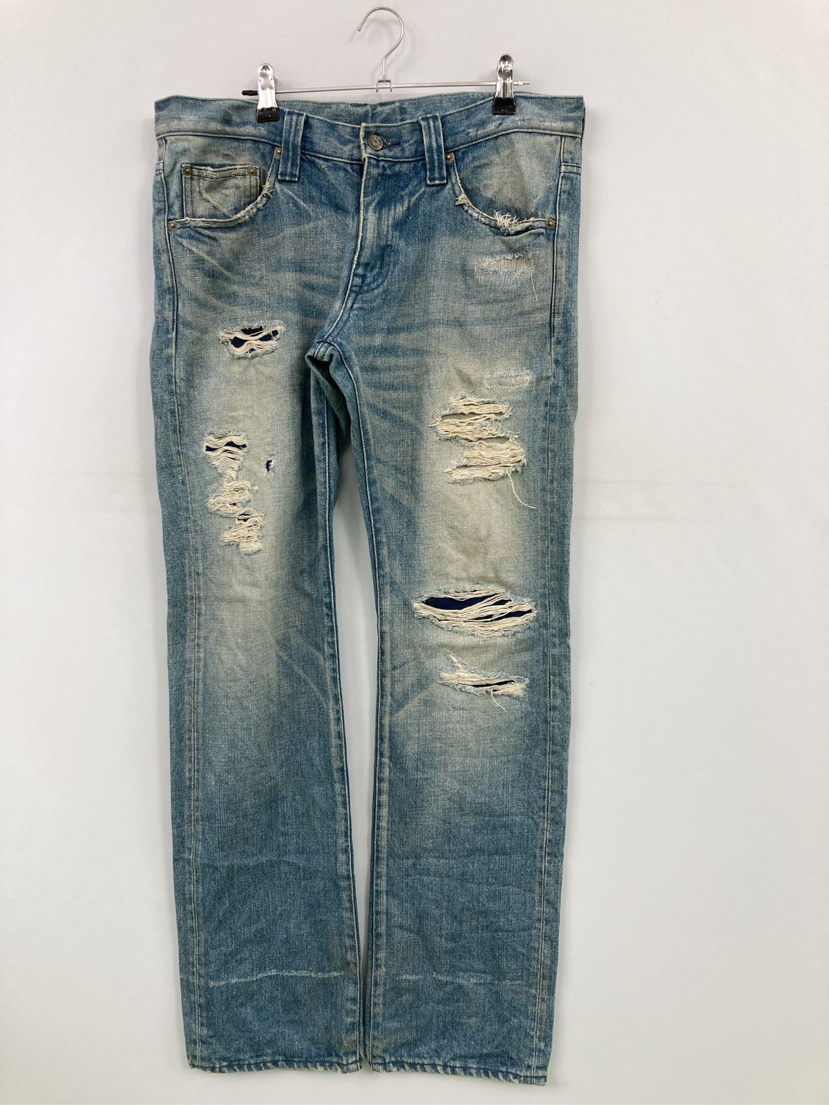 デニムパンツ L-32 ブルー フルレングス 無地 スタンダード ストレート レギュラー ヴィンテージ クラッシュ・ダメージ メンズ